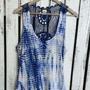 Joe Boxer Tie Dye Dress Hi-Low Crochet Back Size Large Blue &‎ White Sleeveless